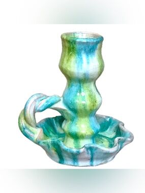 Vintage Williamsburg Pottery Blue Green Twist Chamberstick Taper Candle Holder
